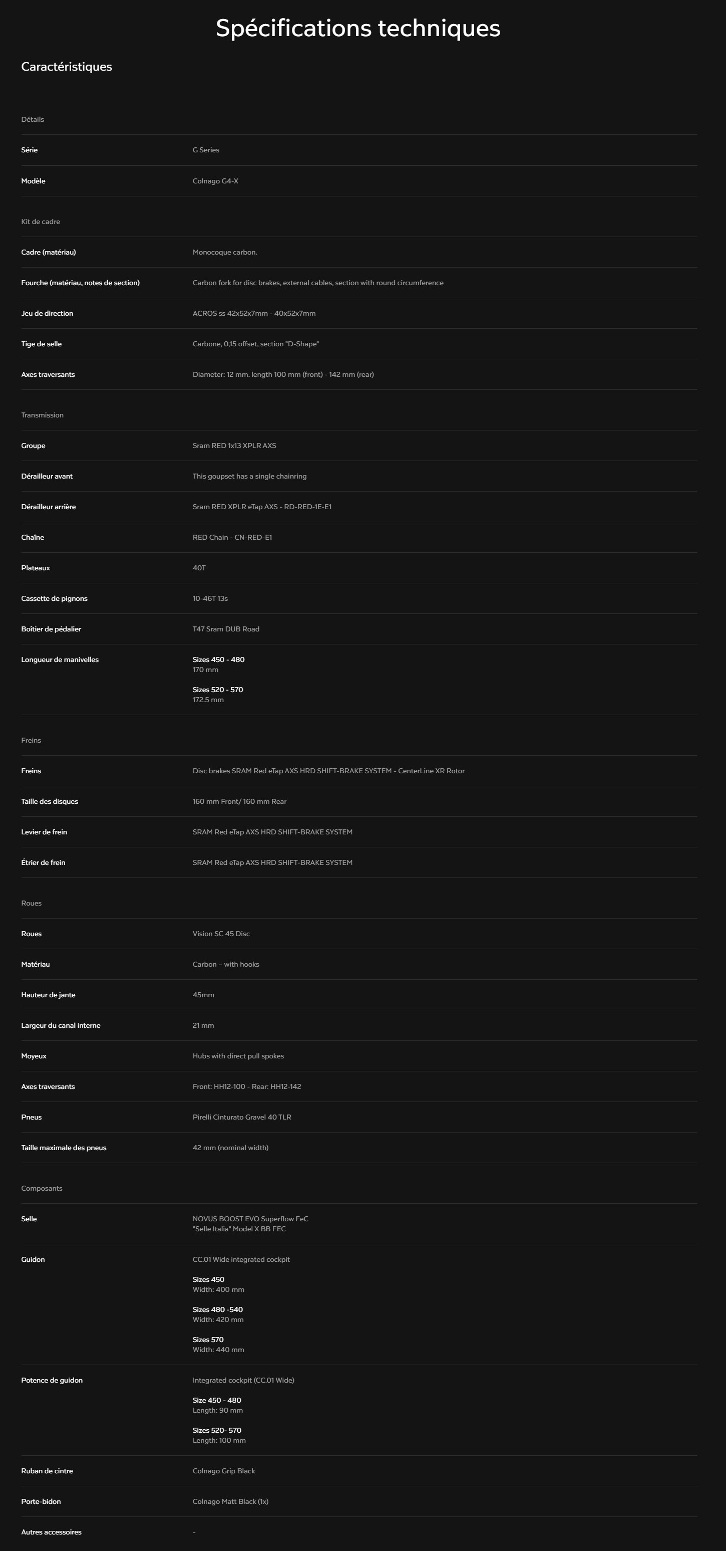 Fiche technique du velo G4-X année 2026